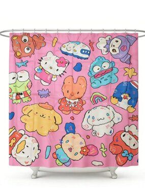 Cute Cartoon Characters Shower Curtain with 12 Hooks 59" × 71"